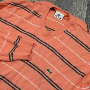 Lacoste Mens XL 7 Coral Striped Crewneck Sweater 100% Cotton Pullover Chest Logo